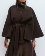 Winter High Neck Batwing Sleeve Coat With Belt Fashion Loose Elegant Button Top Trench Coat For Women Clothing - Image 4