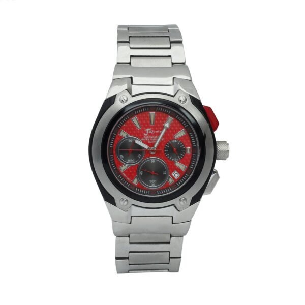 Jazma Men Watch Sporty Look, Red Dial, 43 mm Case Size, Chronograph, Date Indicator, SS Bracelet